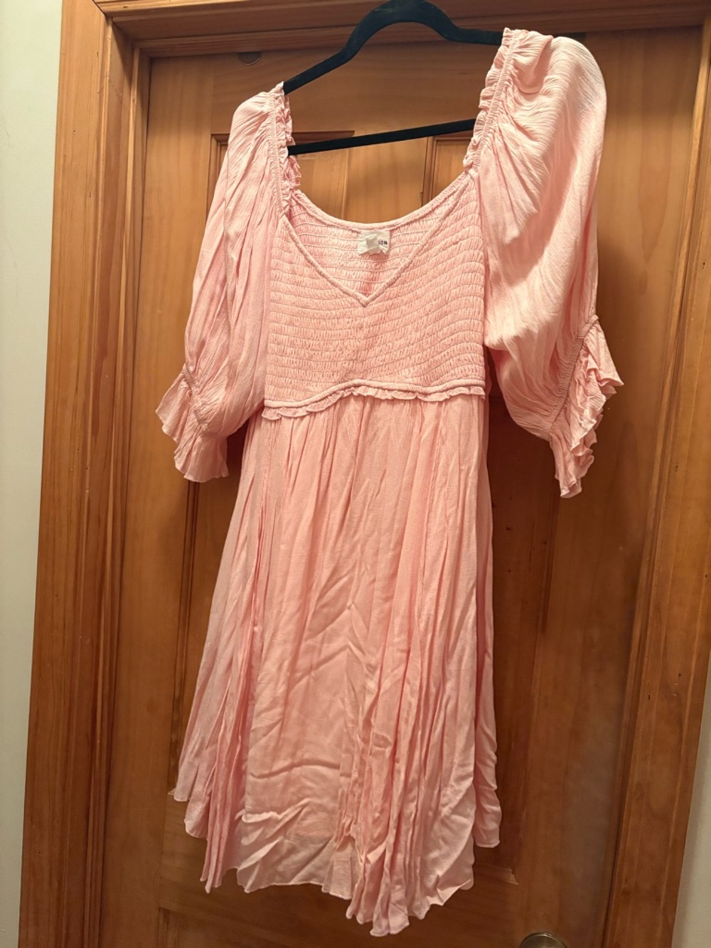 Smocked V-Neck Midi Dress in Light Pink